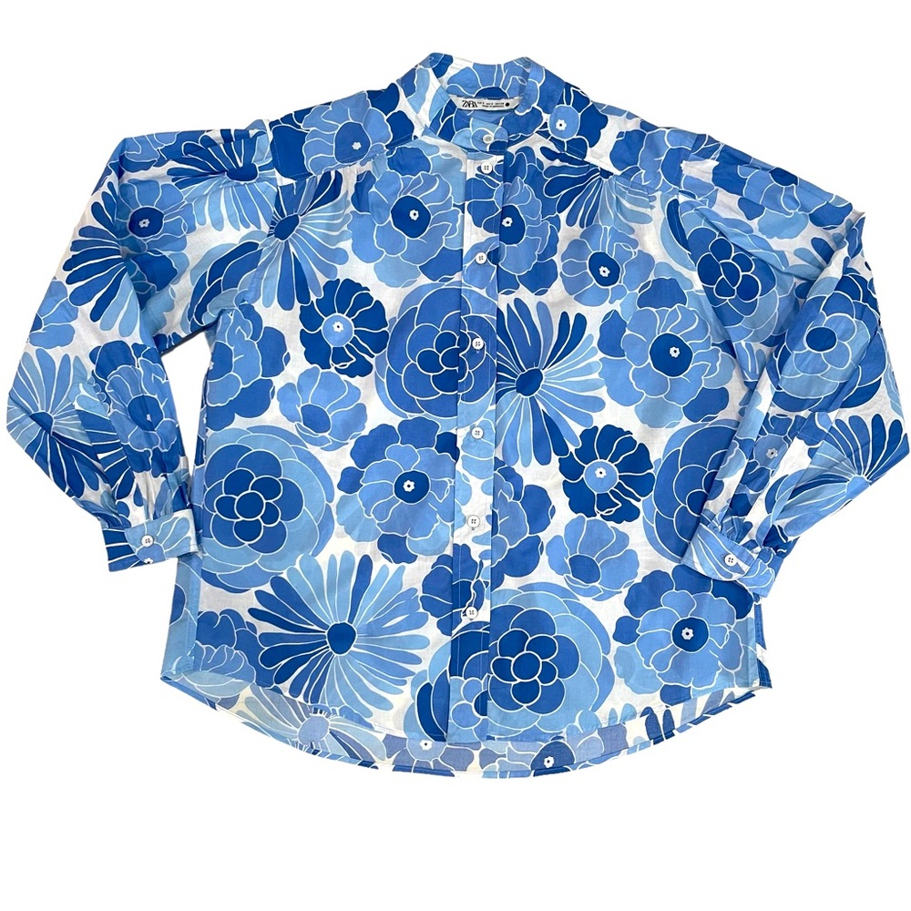 Zara Blue and White Floral Balloon Long Sleeves lightweight button down